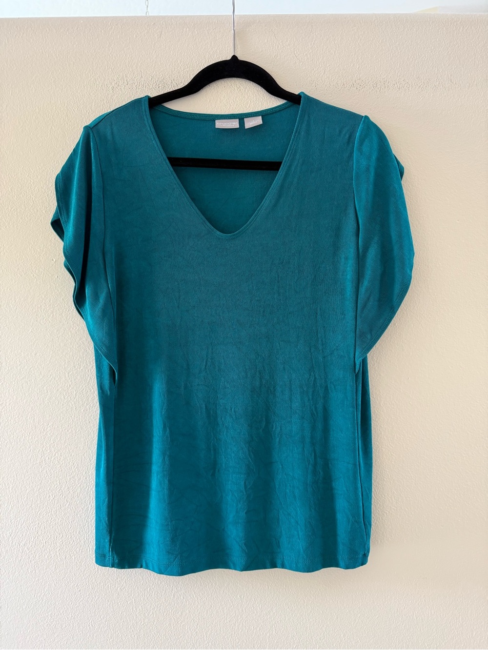 Chico's Travelers Green Teal V-Neck Short Sleeve Slinky Knit Top Chico’s Size 1